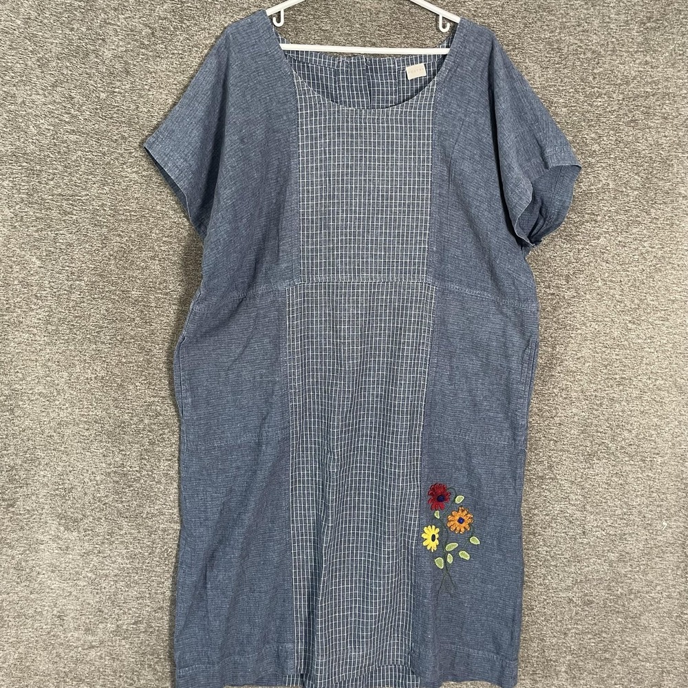 Poetry Dress Womens 12 Blue Check Chambray Scoop Neck Shift Floral Embroidered